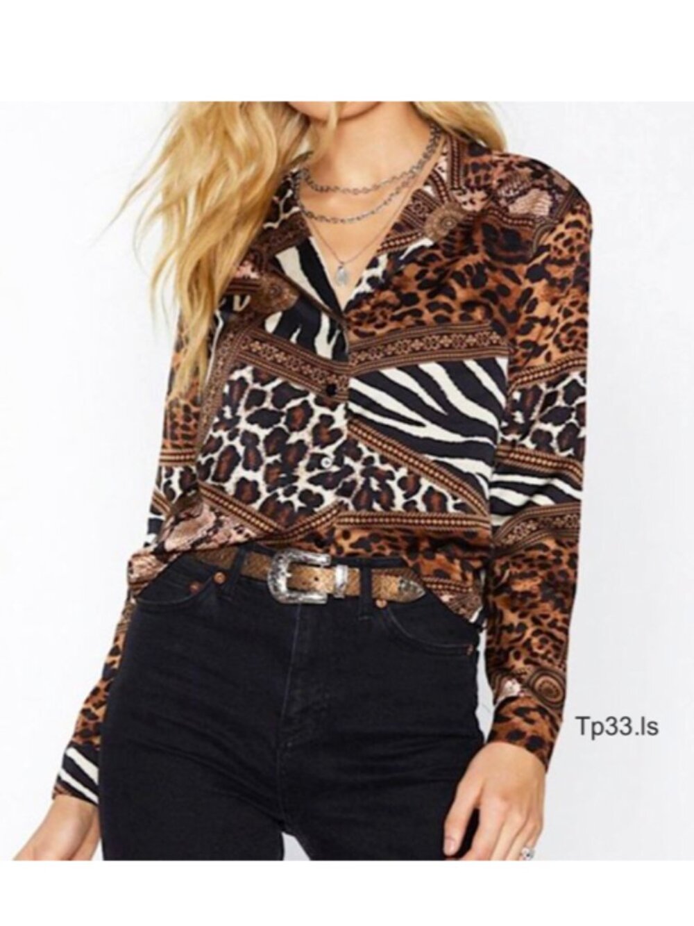 VIONNI Brown Black White Animal Print Blouse L-Sleeve Spread Collar Button Front